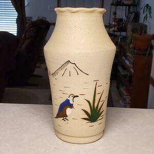 Mexican Artisan Pottery Vase Quail 8.5" Tall Hand Painted Signed Mexico RR